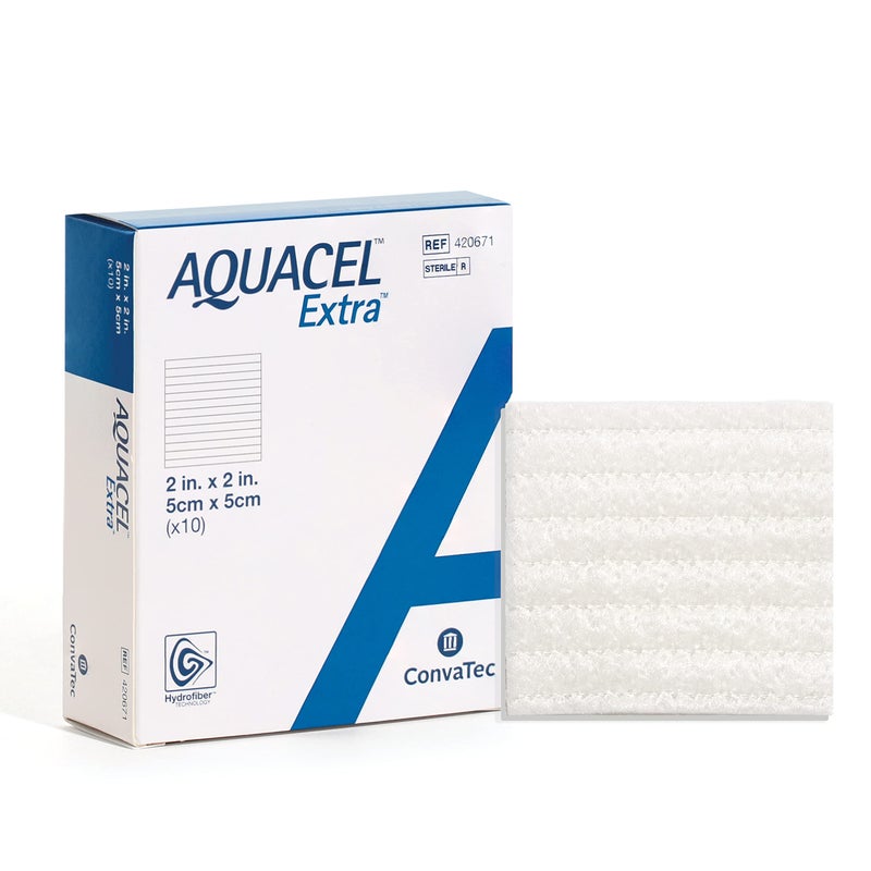 ConvaTec AQUACEL Extra 2"x2" Hydrofiber Absorbant Dressing for Moderate to Highly Exuding Wounds, Non-Woven Two-Dimensional Strengthening Fibers, Square, 10ct Box - Image 1